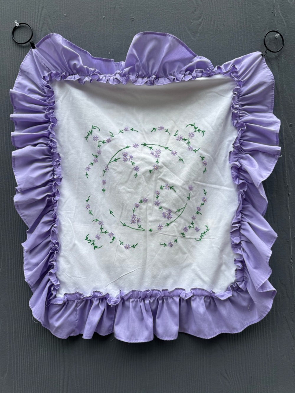 Handmade Vintage Single Pillowcase Embroidered Floral Circle with Purple Ruffle